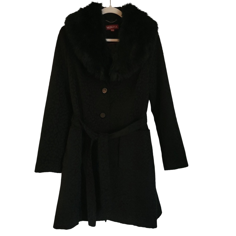 Merona Black XL Leopard Trench Coat Removable Faux Fur Collar‎ Belted Mob Wife
